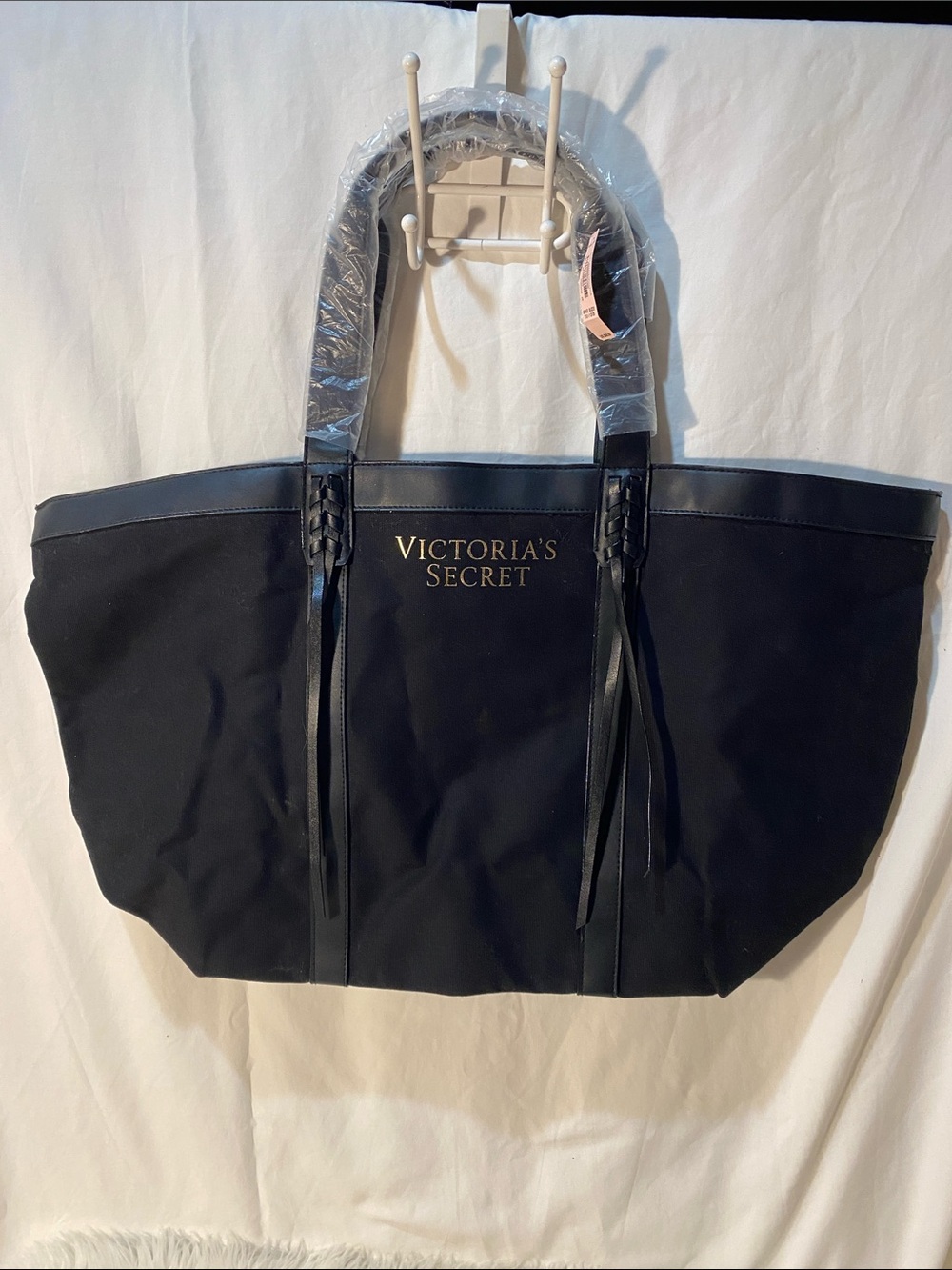 Victoria's Secret Black Canvas Fringe Tote with Gold Logo NEW